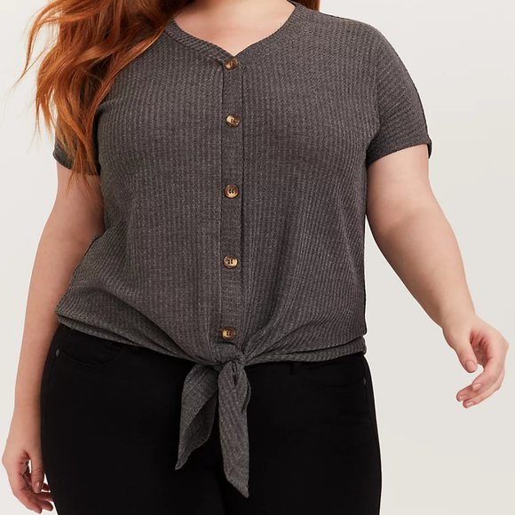 torrid Tops - Torrid Waffle Knit Button Tie Front Midi Tee